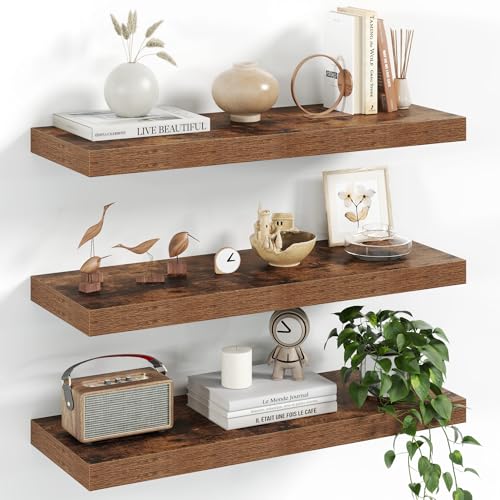 Image of Fun Memories 24 Inch Floating Shelves - 8 Inch Deep Rustic Brown Wooden Wall Shelves - Extra Deeper & Thicker Wall Mounted Storage Shelf for Bedroom, Kitchen, Farmhouse, Brown - Set of 3