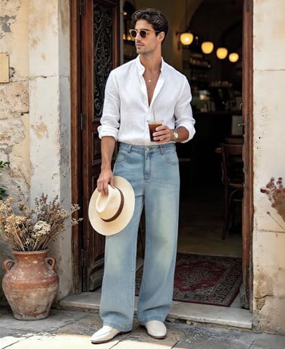 Image of Mens Bootcut Baggy Jeans Stretch Flared Wide Leg Old Money Jeans Lightweight Breathable Vintage Stylish Casual Denim Pants