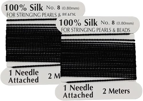 2 Pieces Silk Beading Cord Thread and Needle Size 8 Black Color