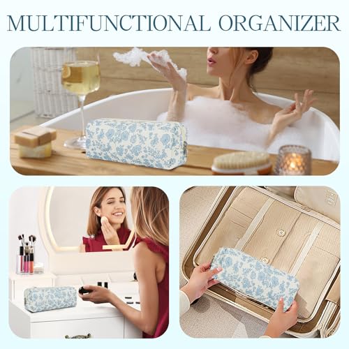 Quilted Makeup Brush Bag, Travel Cosmetic Organizer Pouch for Brushes & Essentials, Small Cotton Floral Makeup Bag for Women Girls 6
