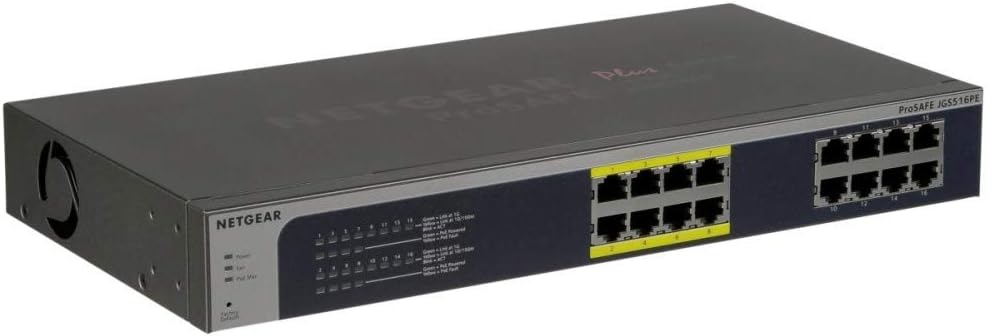 NETGEAR 16-Port Gigabit Ethernet Smart Managed Plus PoE Network Switch, Hub, Internet Splitter (JGS516PE) - with 8 x PoE @ 85W, Desktop/Rackmount, and ProSAFE Lifetime Protection