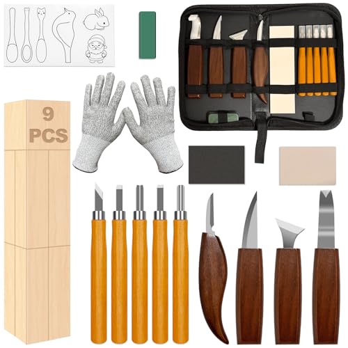 Hyhuiyin 27PCS Woodworking Tools Set Wood Carving Kit Professional Whittling Craft Set with Basswood Blocks Grinding Tools Storage Bag Deluxe Hand Tool Kit for Beginners Adults DIY Fun