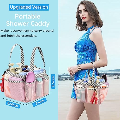 Haundry Mesh Shower Caddy Portable for College Dorm Room Essentials, Shower Caddy Tote with 8 Pockets Large Capacity, Shower Bag for Beach, Swimming, Gym, Pink