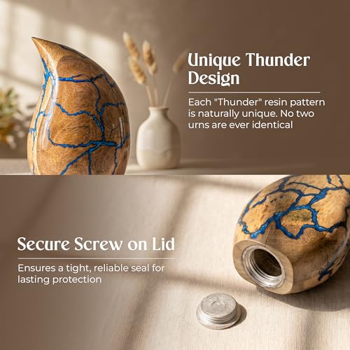 Image of Wooden Teardrop Cremation Urns for Human Ashes - 80 Cubic Inches Funeral Memorial Urn for Adult Women & Men - Blue Decorative, Burial Urn for Male or Female Memorial Display