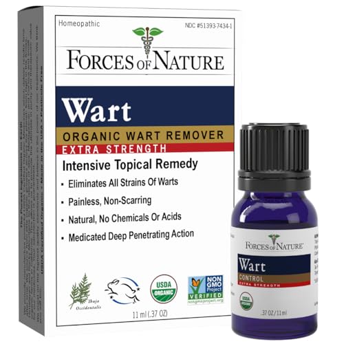 Forces of Nature Wart Control Extra Strength, Organic Homeopathic Medicine for Gentle Removal of Plantar Warts on Feet and Hands, Natural Ingredients, Tea Tree, Northern White Cedar, 11ml ,0.37 fl oz
