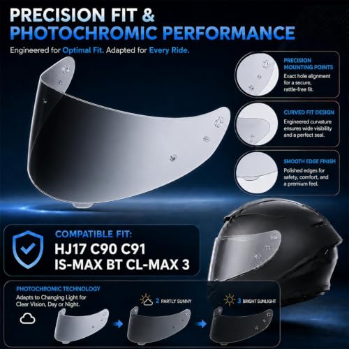 Image of PSLER Photochromic Shatterproof Helmet Visor for HJ17,C90,C91 | Impact-Resistant ,UV400 Protection, Motorcycle Tinted Face Shield for HJ17,C90,C91,CL-MAX 2, IS-MAX BT, SY-MAX 3, IS-MAX 2