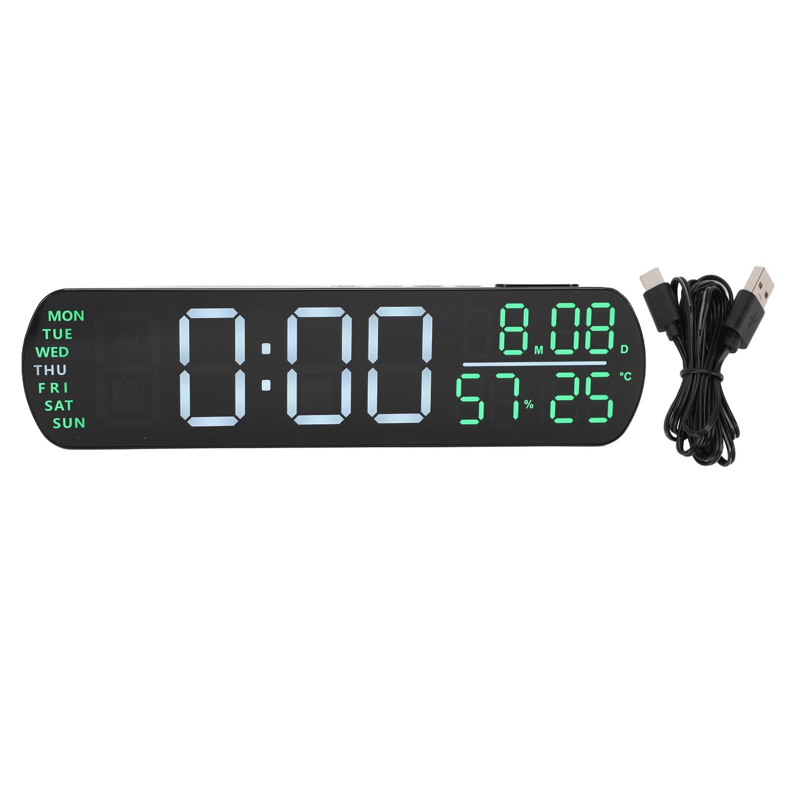 AUNMAS Digital Alarm Clock, Large Big LED Numbers Date Day of Week Calendar Temperature Humidity Display LED Desk Clock with Auto DST & USB Cable for Heavy Sleepers (Black Shell Green Light)