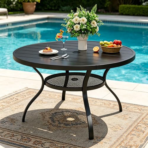 SUNCROWN 42 Inch Round Outdoor Patio Dining Table All Weather Black Metal Steel Slat Table with 1.5 Umbrella Hole Weather Resistant Outside Furniture for Lawn Garden Backyard Porch