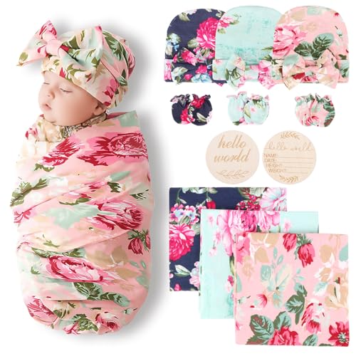 Image of AQOKKA Baby Swaddle Blankets with Bow Hat Headband Set Infant Receiving Blankets Swaddles for Newborns Unisex Toddler Swaddle Wrap Sets for Baby Girls Boys Nursery Warm Shower Gift
