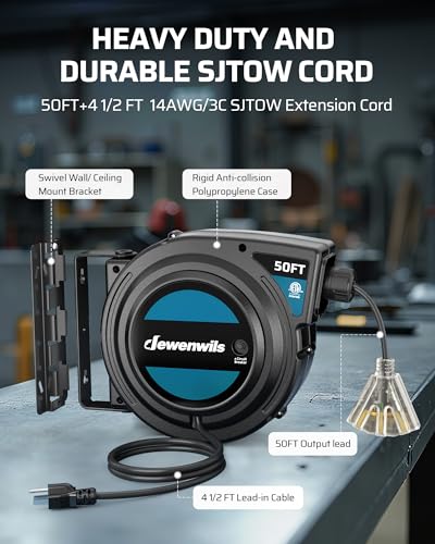Image of DEWENWILS Extension Cord Reel with Twist-lock Stopper, Brighter Triple Tap Outlet Heavy Duty Power Retractable Cord Reel, 180 Swivel Bracket for Ceiling or Wall Mount, ETL Listed, Black