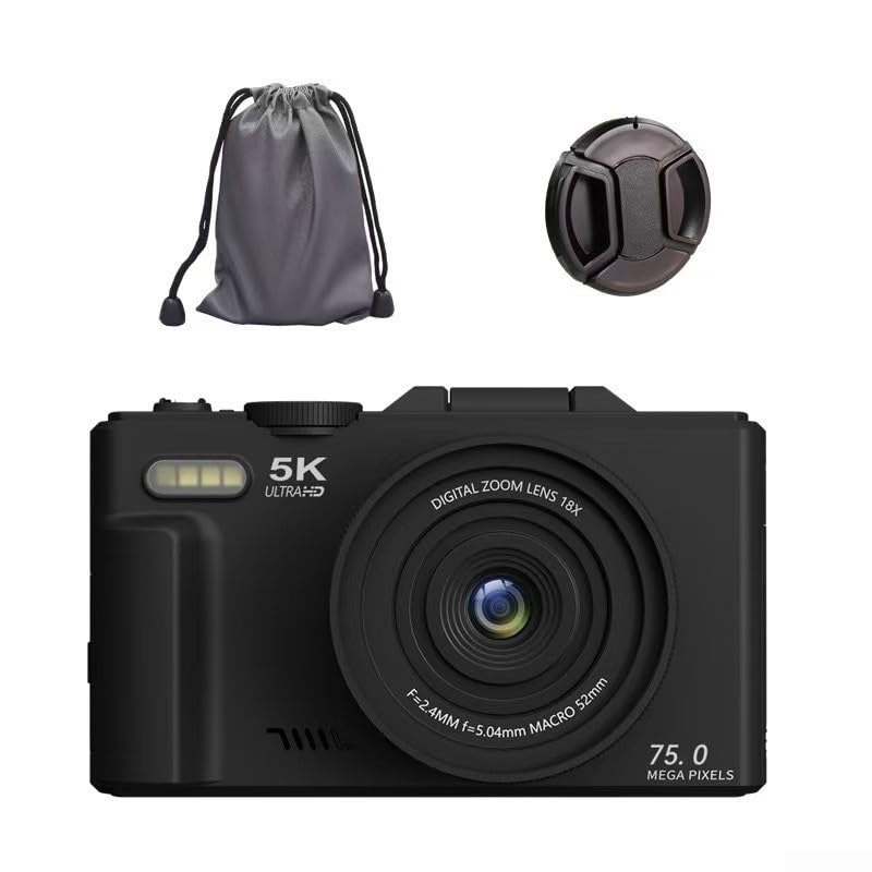 Appareil photo numérique HD 5K avec capteur 75 Mpx, zoom numérique 18x, autofocus de 7,6 cm, corps en métal, connectivité WiFi pour voyage, vlogging et réseaux sociaux, noir (rose, 32 Go)