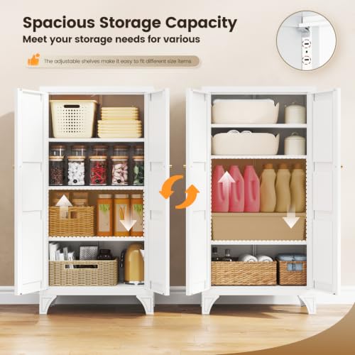 Image of Yizosh Metal Storage Cabinet with Doors and 3 Adjustable Shelves - 47 inch White Kitchen Pantry Storage Cabinet Locker for Kitchen,Living Room,Dining Room