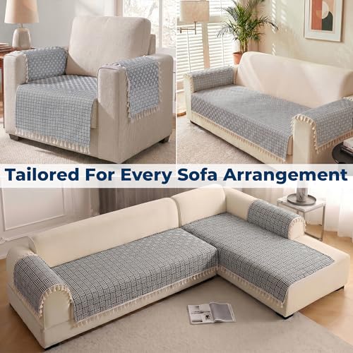 Image of Story@Home Quilted Anti Slip Sofa Cover Mat with 2 Armrest Cover, 2 Seater Velvet Sofa Protector with Tassels | Sofa Cover Mat for 1 /2 /3 Seater & L-Shape Sofa - 76 x 122 Cm - Navy Blue & White