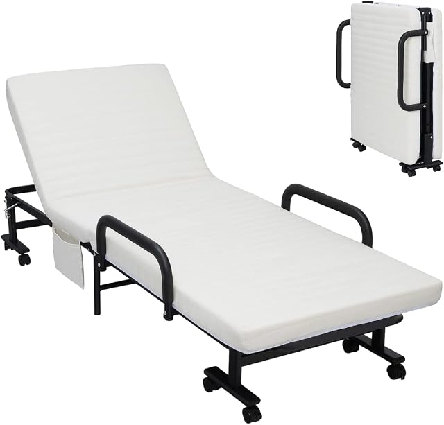 COSTWAY Folding Sofa Bed with Mattress, Wheels and Side Pocket, 6-Position Adjustable Couch Sleeper Chaise Lounger, Portable Convertible Single Guest Bed for Home Office Camping (White)