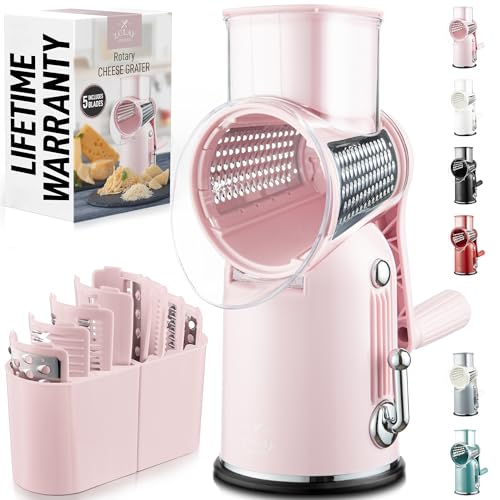 Image of Zulay Kitchen Rotary Cheese Grater 5 Blade Cheese Shredder - Manual Hand Crank Cheese Grater With Reinforced Suction & 5 Interchangeable Drums - Easy to Use, Vegetable Chopper Round Mandoline Slicer