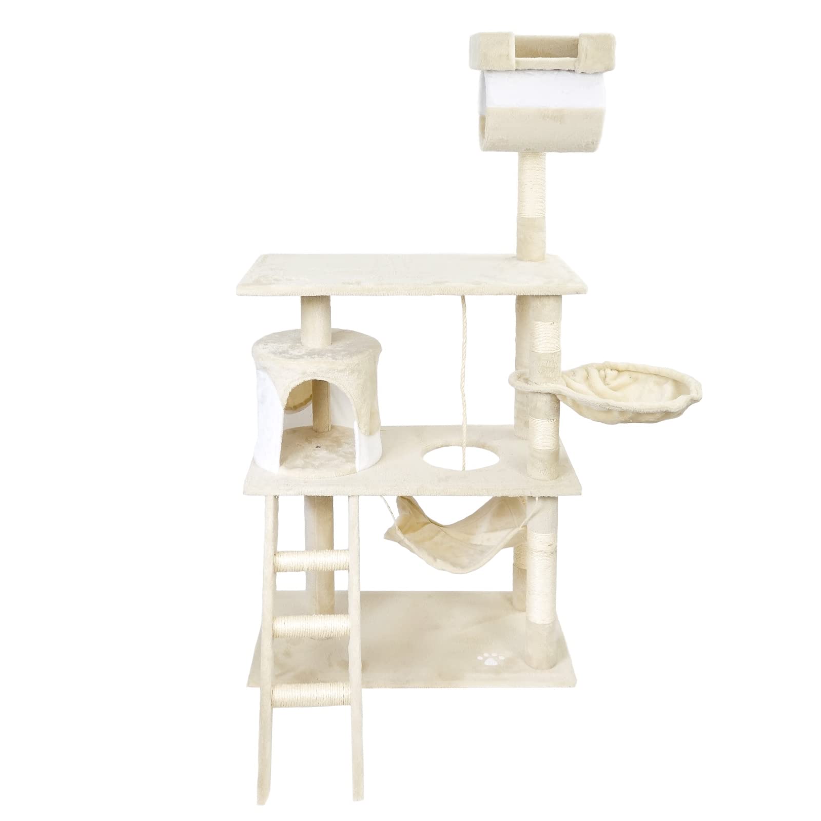 Árbol rascador para Gatos Beige/Blanco 141 cm con Plataformas y Cueva Poste de sisal para Escalar