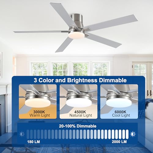Image of 60 Inch Flush Mount Brushed Nickel Ceiling Fans with Lights and Remote