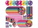 Troll Birthday Party Decorations | Serves 16 Guests | Balloons, Tablecloth, Plates, Napkins, Forks, Candles, Button