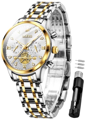 OLEVS Montre chronographe de luxe à quartz en acier inoxydable pour femme - Étanche et lumineuse, 2897 : bracelet bicolore et cadran blanc, Taille L :