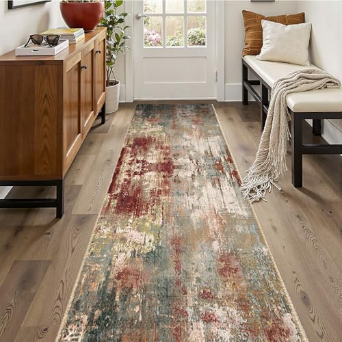 Washable Area Rugs 2'x10' Non-Slip Modern Abstract Soft for Living Room Entryway Bedroom Nursery, Print Pattern, Brown Rust Red Multi