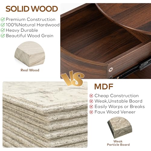 Image of Chogori Solid Wood End Table Set of 2 with Drawer & Storage Shelf - Walnut Round Accent Nightstand, Farmhouse Side Table for Small Spaces, Living Room, Easy Assembly