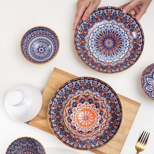 Image of 6-Piece Ceramic Dinner Set, 2 Plates & 4 Bowls, Microwave Safe, Dishwasher Safe, Floral Dinnerware (Orange MANDLA, 2 Plate & 4 Bowl Set)