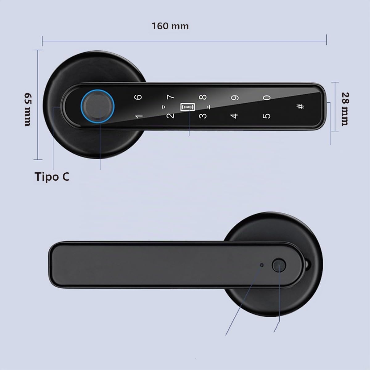 Cerradura inteligente, manija de puerta de bloqueo 5 en 1, contraseña del teclado electrónico, identificación Bluetooth, llave de huella digital digital impermeable (Negro)