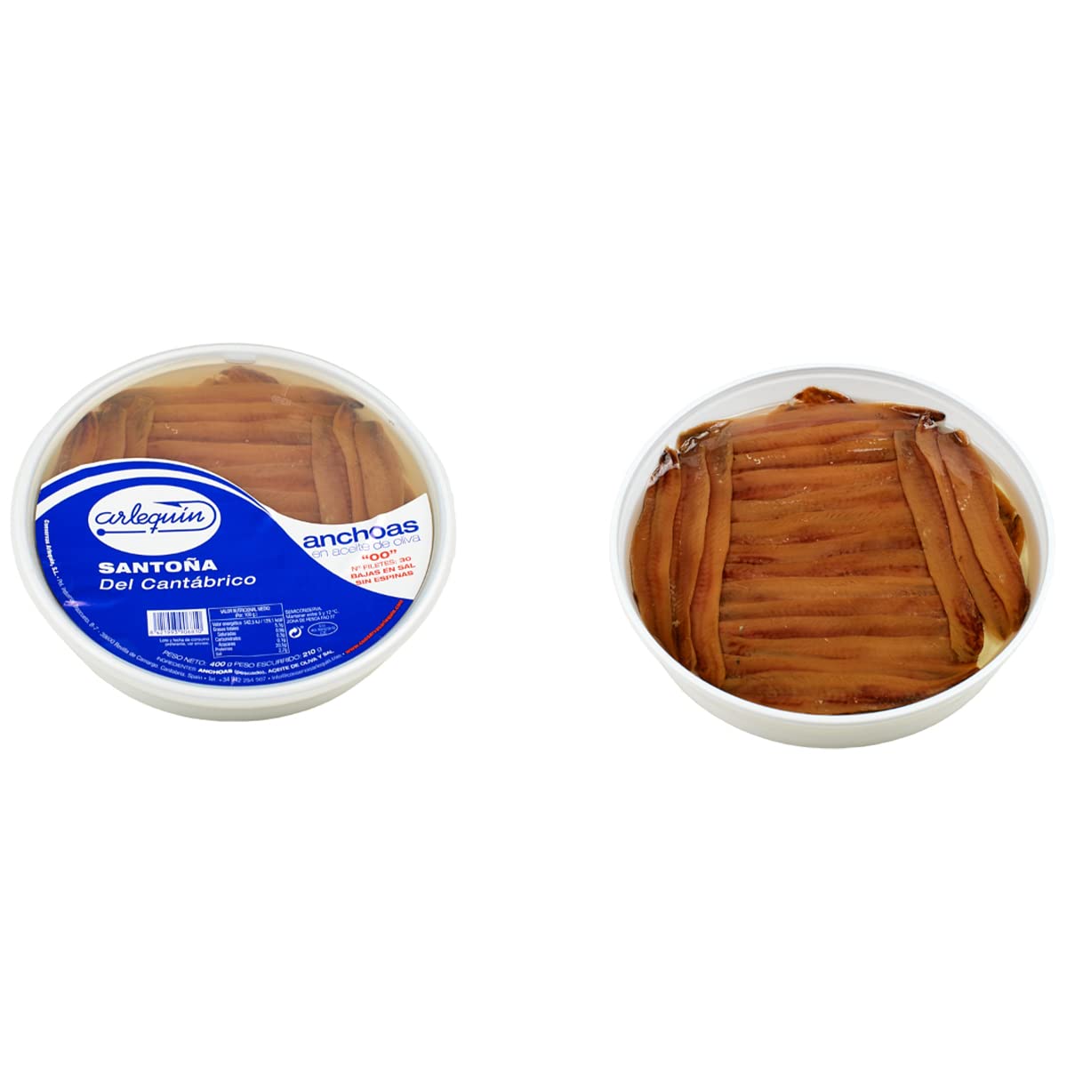 ARLEQUIN Anchoa del Cantábrico, Elaborada en Santoña, en Aceite de Oliva, Tarrina de 400 grs y 30 Filetes (Calibre 00) - 2