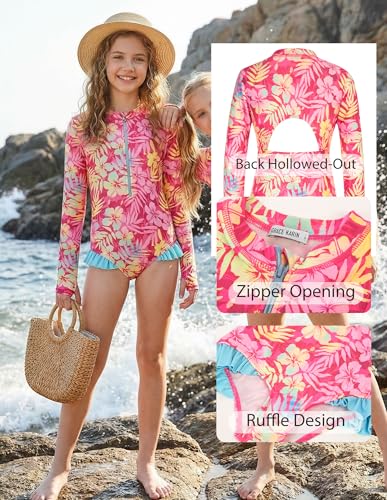 Image of GRACE KARIN Girls One Piece Swimsuits Long Sleeve Bathing Suits Swimwear 5-14Y
