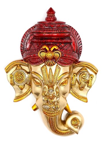 エキゾチック インディア 12インチ 真鍮 ガネーシャ卿と女神ラクシュミ 壁掛けマスク アンティーク仕上げ ヒンドゥー教の神の顔 ホームエントランス、プージャ、装飾用