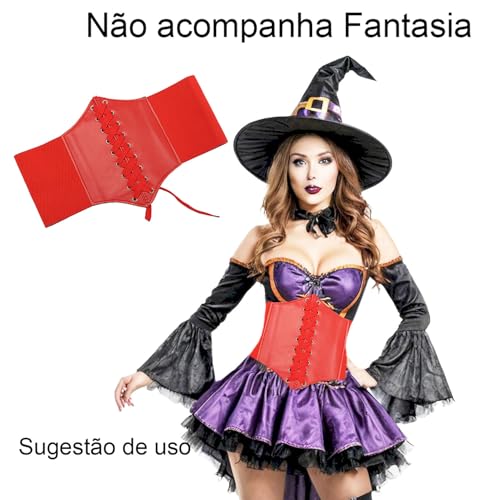 Cinto Gótico Corselet Espartilho + Flor Cabelo e Broche (BR, Alfa, Único, Regular, Vermelho)