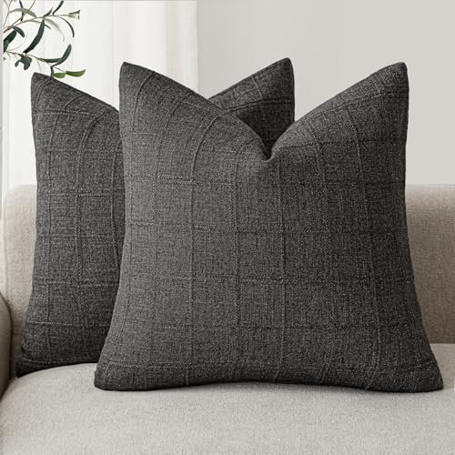Image of Foindtower Set of 2 Decorative Linen Check Throw Pillow Covers Neutral Farmhouse Vintage Cushion Covers Modern Boho Home Decor for Sofa Chair Couch Bedroom Living Room,26x26 Inch,Charcoal
