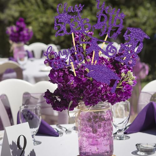 Image of Graduation Centerpiece Sticks 24PCS Glitter Grad Picks Party Table Decor Senior High School College Sign Purple