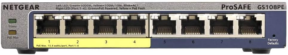 NETGEAR 8-Port Gigabit Ethernet Smart Managed Plus PoE Network Switch, Hub, Internet Splitter (GS108PE) - with 4 x PoE @ 53W Upgradeable, Desktop/Rackmount, and ProSAFE Lifetime Protection