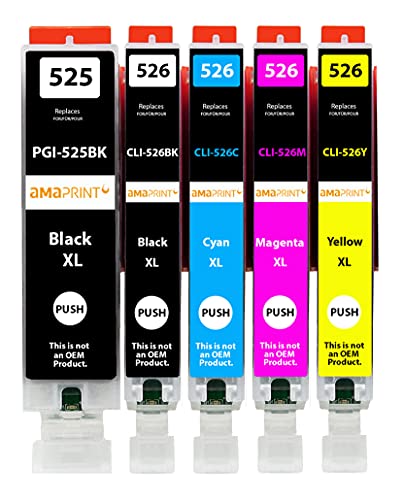 Amaprint 5 XL Cartouches Compatible avec Canon PGI 525 CLI 526 pour Pixma IP4850 IP4950 IX6550 MG5140 MG5150 MG5240 MG5250 MG5300 MG5340 MG5350 MX715 MX885 MX895 Cover