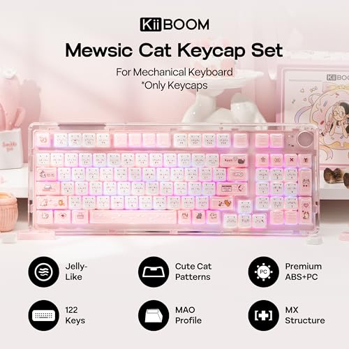 Image of KiiBOOM Cute Cat Keycaps Set, Mao Profile, Cat Shape | PC+ABS Keycap for MX Switch Mechanical Keyboard, Compatible with 60%, 65%, 75%, TKL, 96%, Full-Sized Layout (Mewsic)