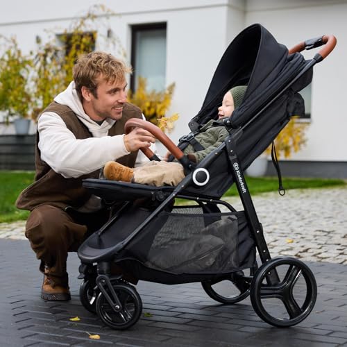 Image of Kinderkraft Grande Plus Kinderkraft Buggy from Birth to 48.5 lb, one-Hand Folding, Reclining Position, Large Canopy with Window, All 4 Wheels dampened, Spacious seat, Black