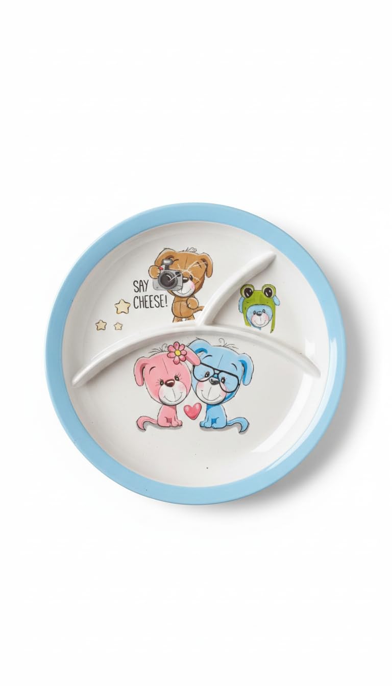 Melamine Dinner Plate 3 Compartments Rectangular | Non-Breakable Meal Plate with 3 Sections | Partitioned Melamine 24×21 cm (Light Blue Round Plate)-image-42