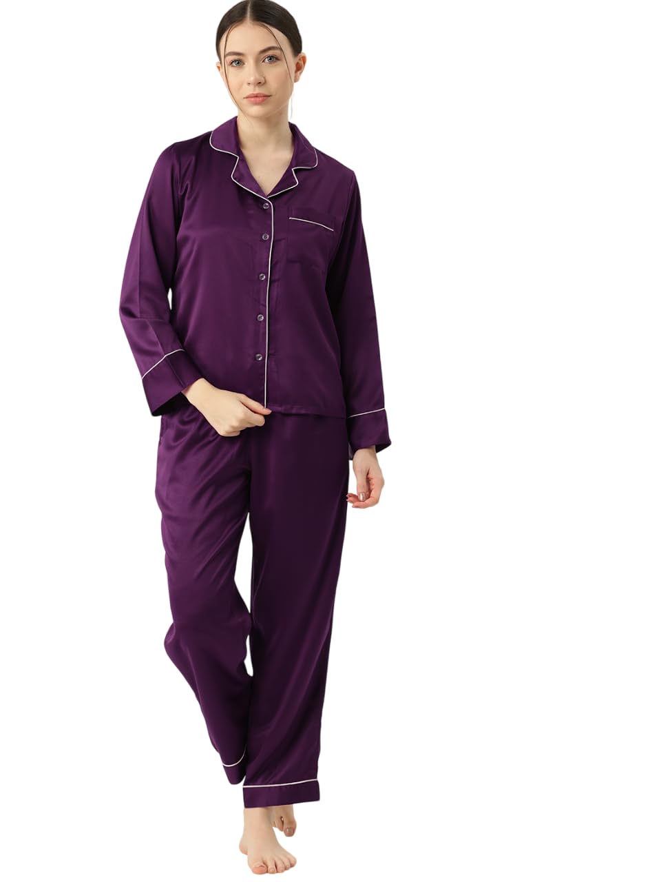 Women Full Sleeve Soft Satin Solid Night Suit Set | Comfortable Cozy Pajama Set | Casual Relax Fit Night Dress | Everyday Lounge Sleepwear for Women-image-46