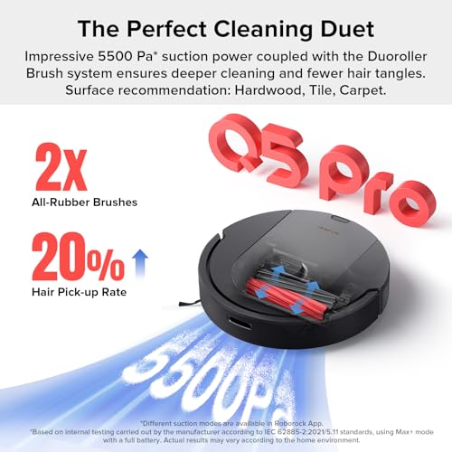 Image of roborock Q5 Pro Robot Vacuum and Mop Combo, 5500Pa Powerful Suction, DuoRoller Brush, LiDAR Navigation, 3D Mapping, Robotic Cleaner for Dirt, Floors, Pet Hair, 240min Runtime, Smart No-Go Zone, Black