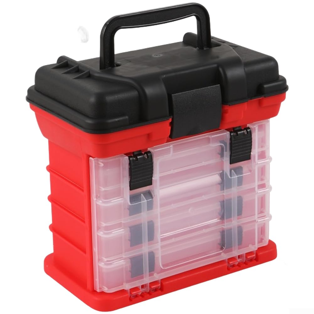 Caja de aparejos de pesca, caja de almacenamiento portátil de señuelos de cuatro capas, caja de pesca con 4 compartimentos para ganchos (rojo)