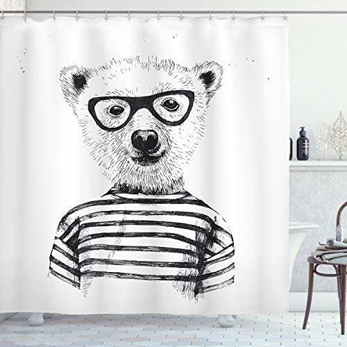 Ambesonne Animal Shower Curtain, Dressed up Hipster Nerd Smart Male Bear in Glasses Fun Character Animal Art Print, Cloth Fabric Bathroom Decor Set with Hooks, 75" Long, White Black