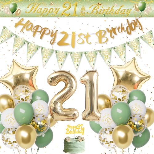 Décoration Anniversaire 21 Ans, Vert Or Ballon 21 Ans Anniversaire Femme Homme, Decoration 21 Ans, Bannière Joyeux Anniversaire pour 21 Réutilisable