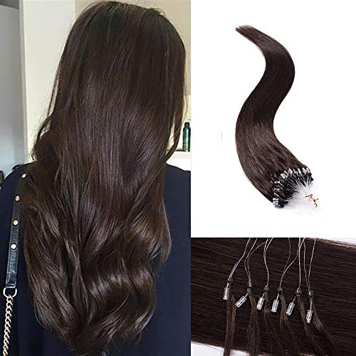 SEGO Micro Ring Loop Hair Extensions Human Hair Micro Beads Links Remy Hair Extension Cold Fusion Nano Ring Tipped Silky Straight Real Hair Extension 100 Strands 50g 20inch 02# Dark brown