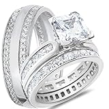 His Hers TRIO Sterling Silver Wedding Ring Set 3 PCS Matching Wedding Bands Him Her Bride Groom Couples 9/7