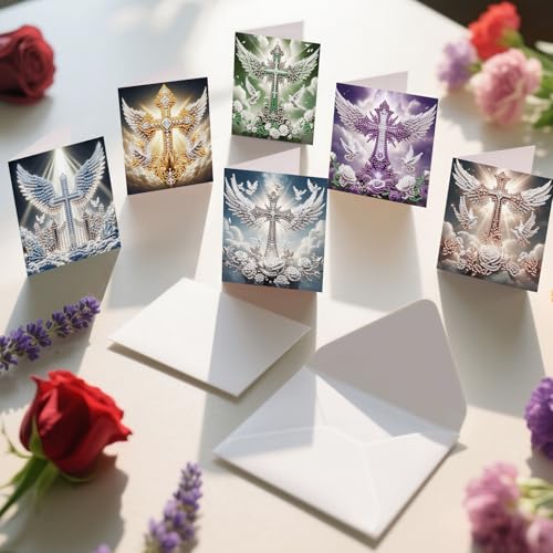 Image of 6 Pack Diamond Painting Greeting Cards with Envelopes, DIY 5D Diamond Art Card Kit Winged Cross Designs, 30x15cm Handmade Religious Cards Crafts for Spiritual Blessings and Faithful Greetings