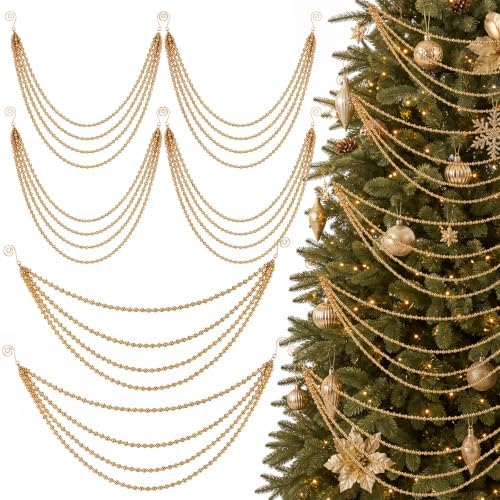 6 Pcs Gold Christmas Tree Bead Garland, 4 Tier Faux Pearl Style H...