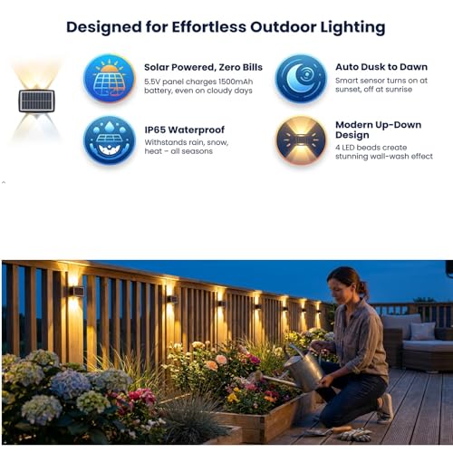 ASLIDECOR Solar Wall Lights Up Down 2 Pack, 4 Led Solar Sconce,Waterproof Deck Fence Lighting for House Outdoor Decor (Warm White&Cold White) - Image 3