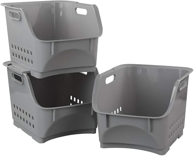 Cadineer 3-tier Grey Stackable Storage Basket Kitchen Stacking Storage Basket Bin