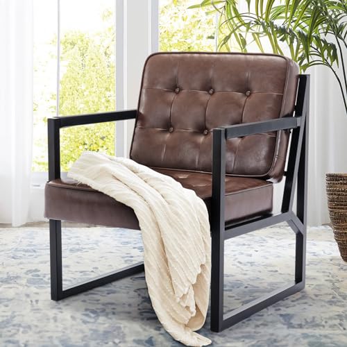 COLAMY Ohrensessel Sessel Wohnzimmer, Leder Accent Chair, Mid Century Modern Kunstleder Empfangssessel mit Metallbeinen für Wohnzimmer Schlafzimmer Empfangsraum Wartezimmer, Braun